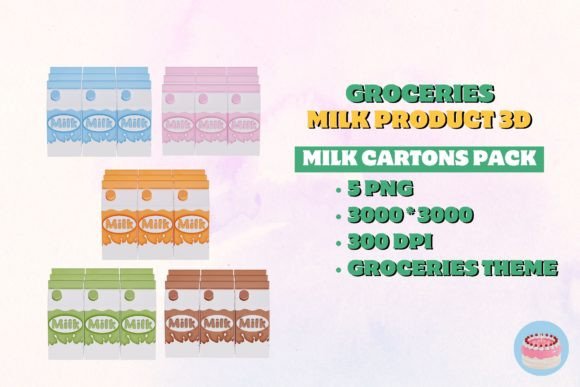 Groceries Milk Cartons Pack Products 3D PNG Clipart Collection